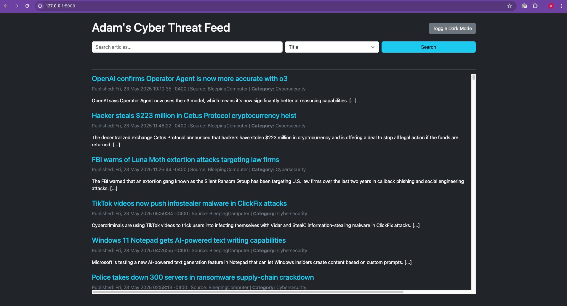 📡 Cybersecurity & Financial Threat Intelligence Aggregator (Flask Web App)